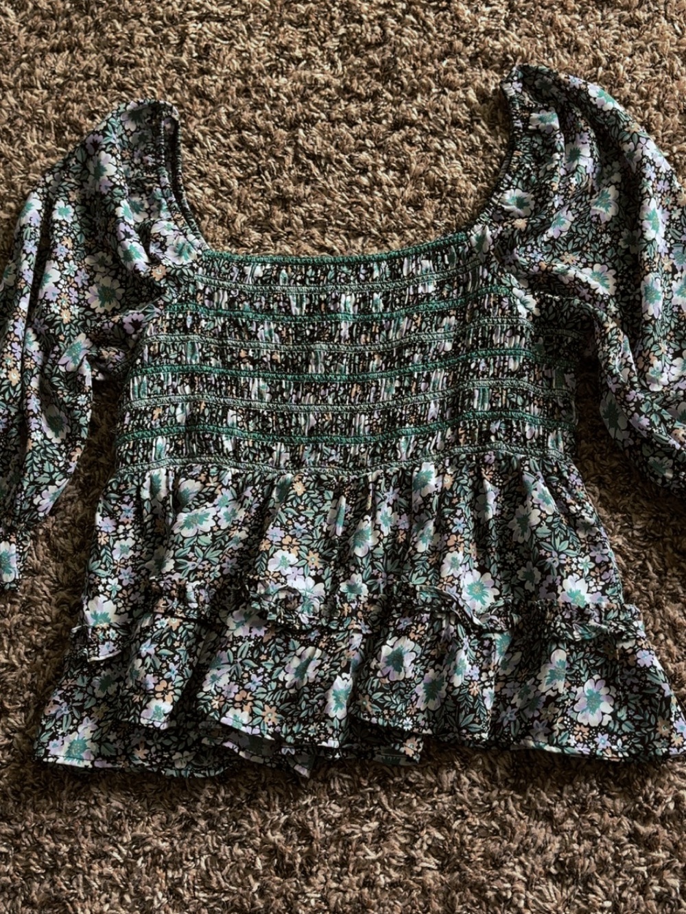 American Eagle Floral Smocked Peplum Top - Green Floral